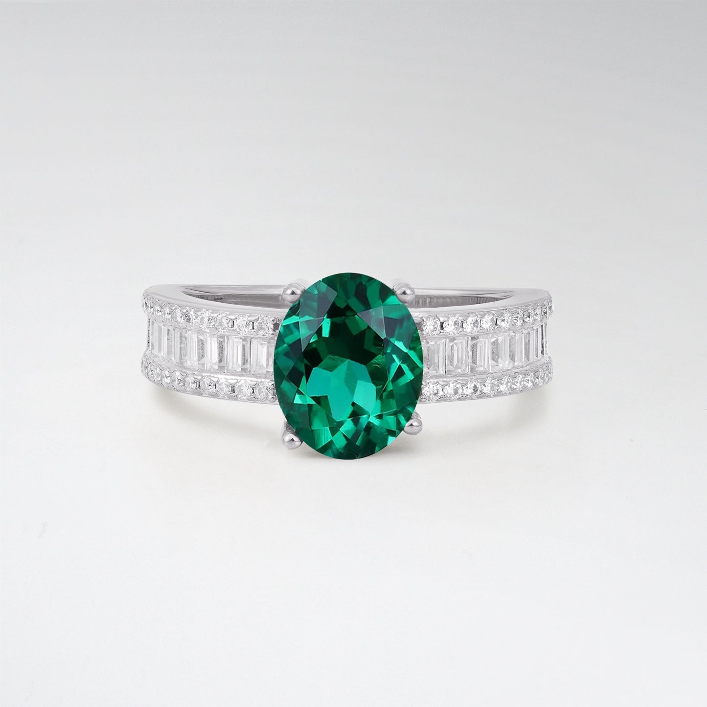 3CT Oval Cut Emerald Vintage Baguette Channel Set Engagement Ring - Additional view