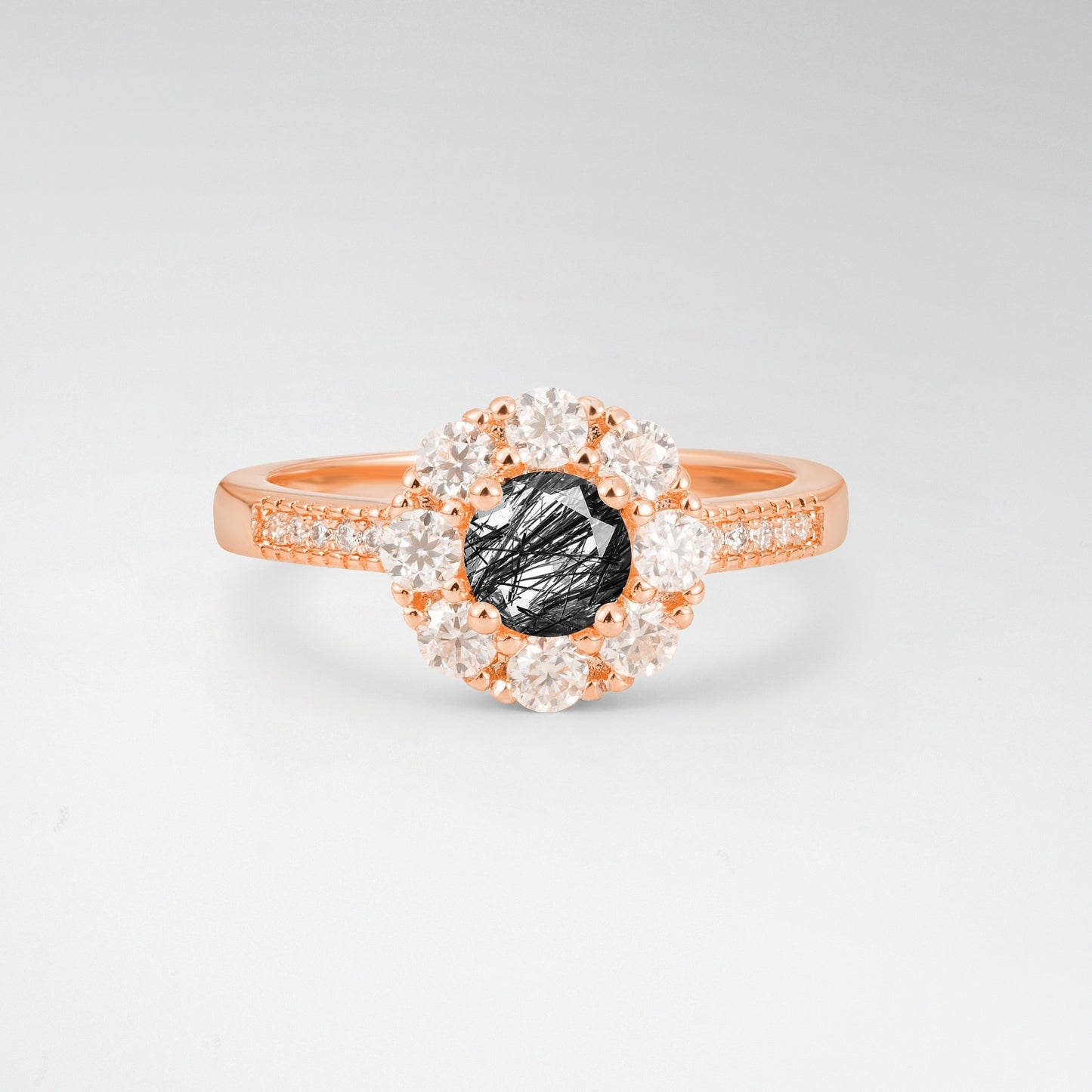 Vintage Round Cut Black Rutilated Quartz Floral Cluster Milgrain Engagement Ring - Additional view