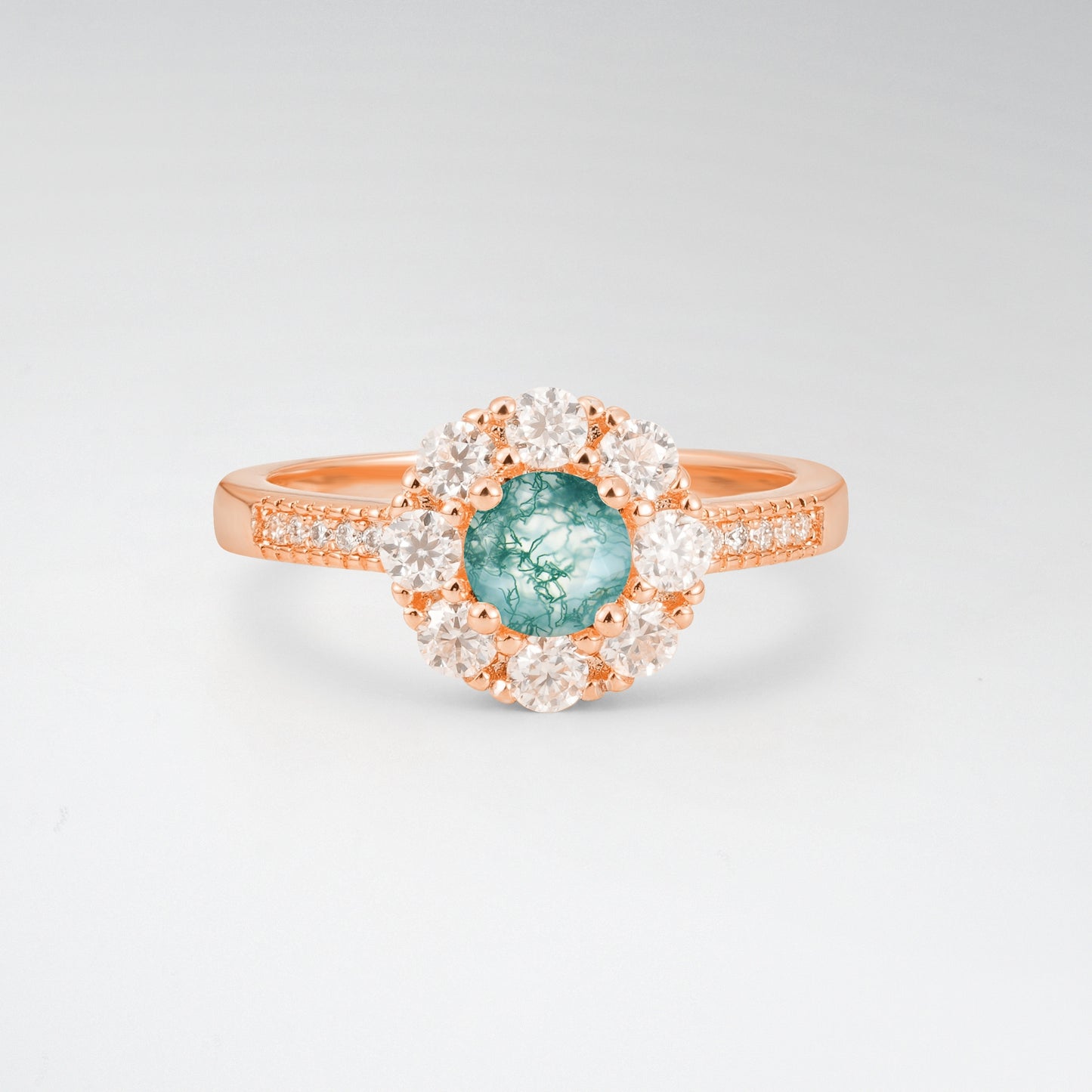 Vintage Round Cut Moss Agate Floral Cluster Milgrain Engagement Ring - Additional view