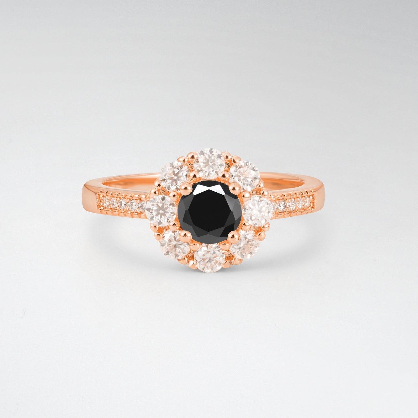 Vintage Round Cut Black Onyx Floral Cluster Milgrain Engagement Ring - Additional view