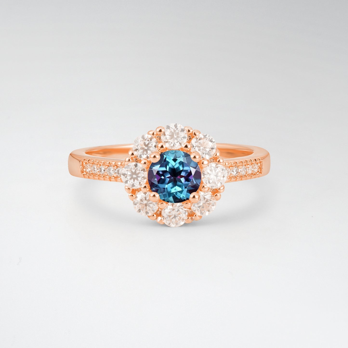 Vintage Round Cut Alexandrite Floral Cluster Milgrain Engagement Ring - Additional view