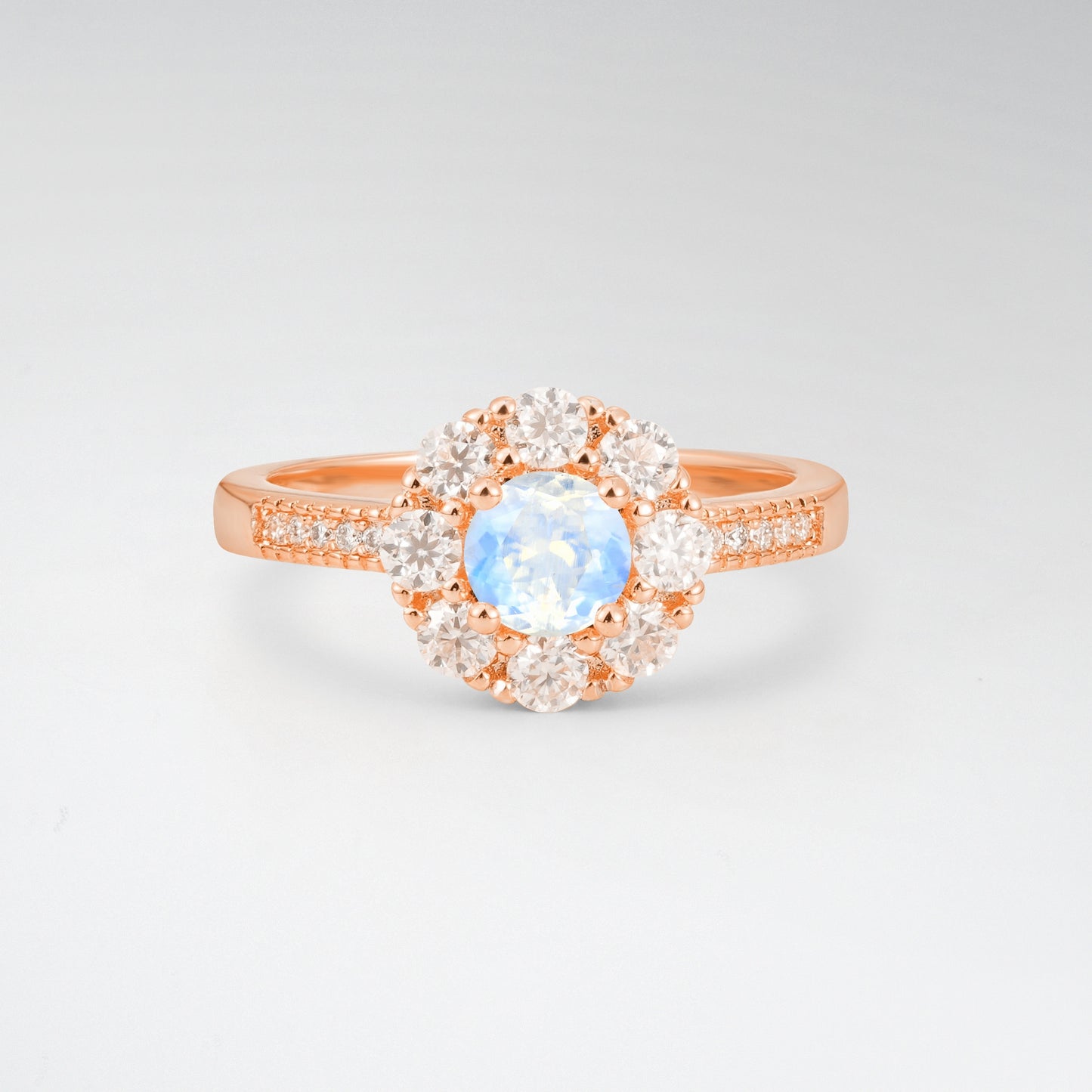 Vintage Round Cut Moonstone Floral Cluster Milgrain Engagement Ring - Additional view