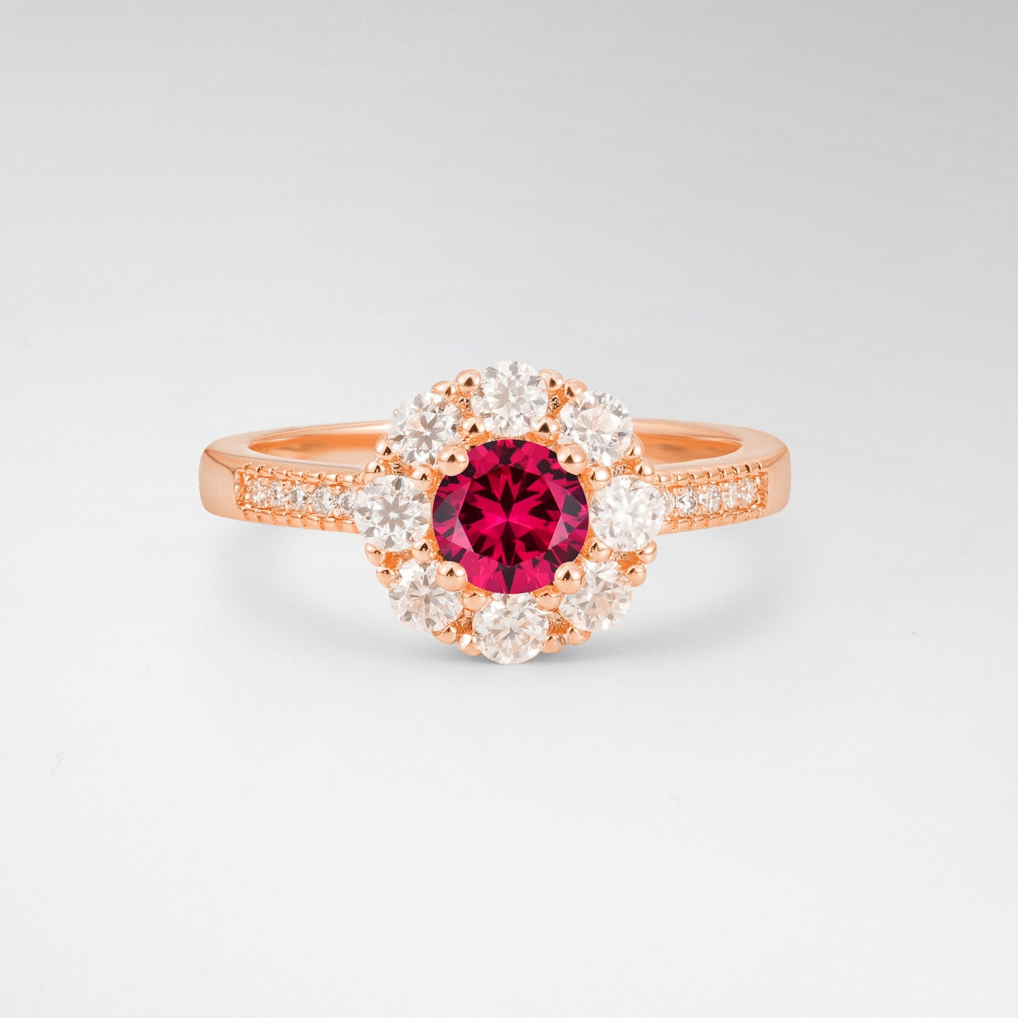 Vintage Round Cut Ruby Floral Cluster Milgrain Engagement Ring - Additional view