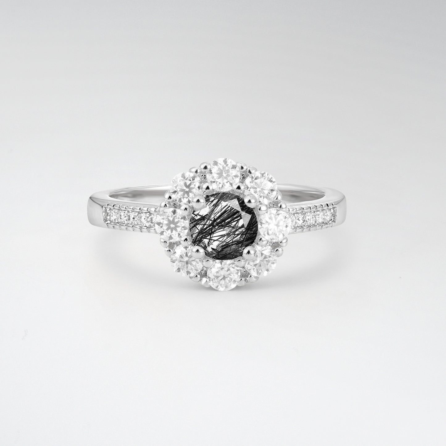 Vintage Round Cut Black Rutilated Quartz Floral Cluster Milgrain Engagement Ring - Additional view