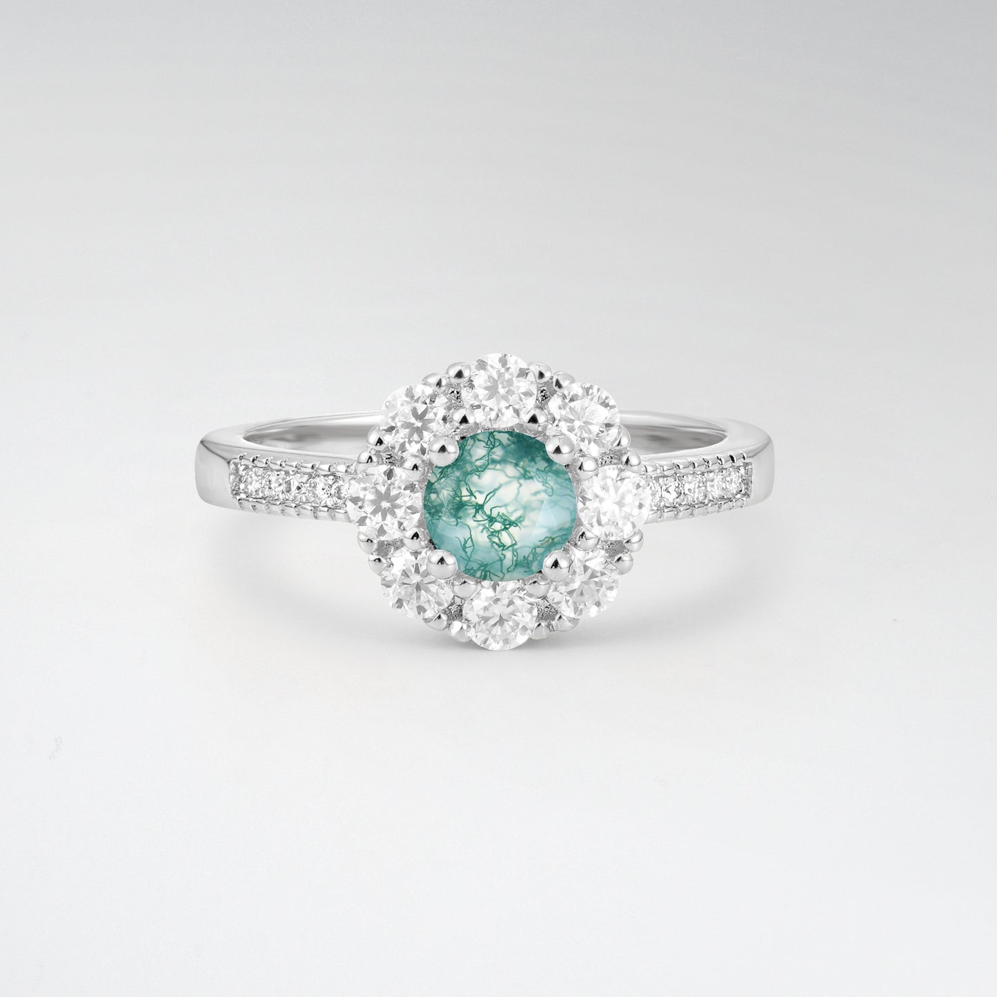 Vintage Round Cut Moss Agate Floral Cluster Milgrain Engagement Ring - Additional view