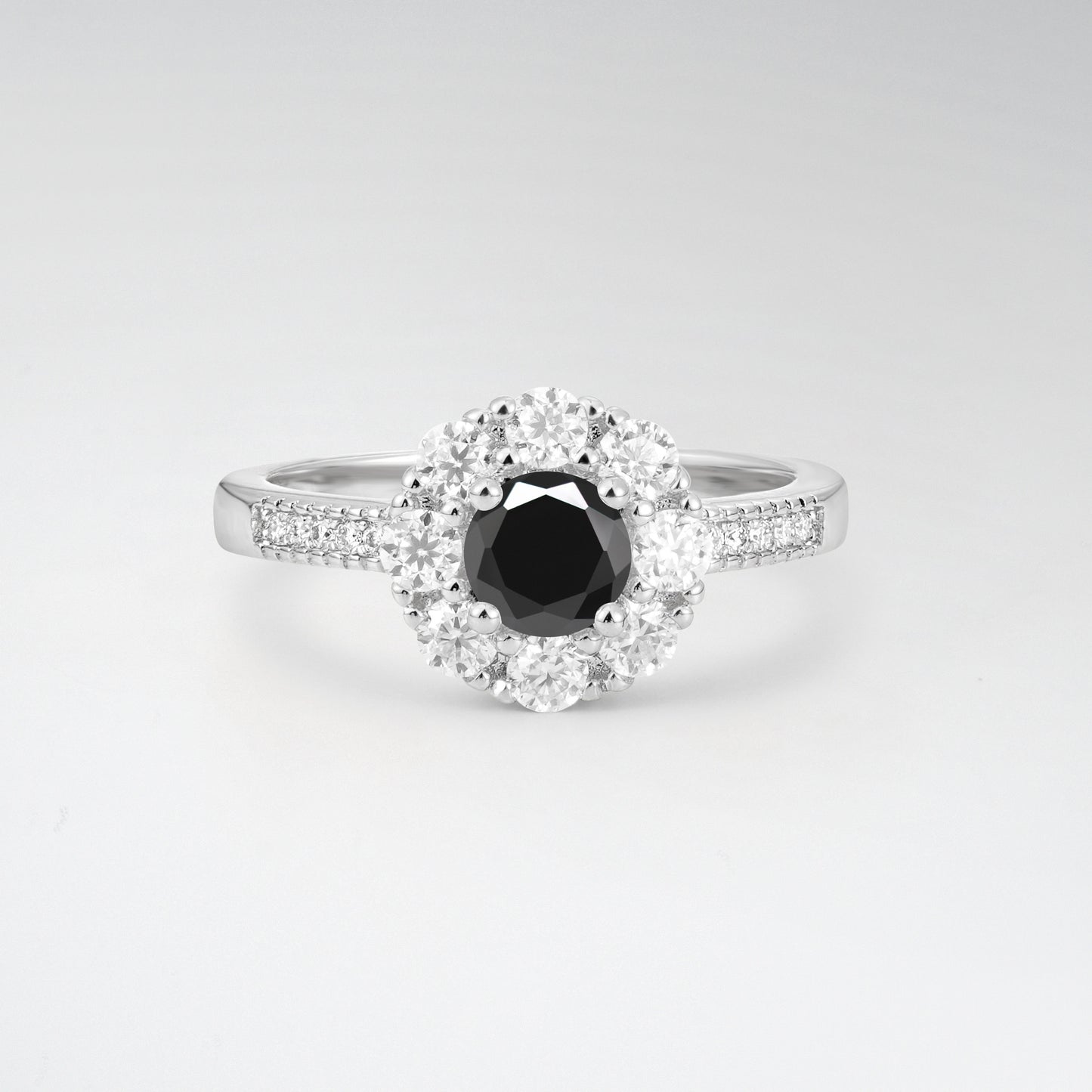 Vintage Round Cut Black Onyx Floral Cluster Milgrain Engagement Ring - Additional view