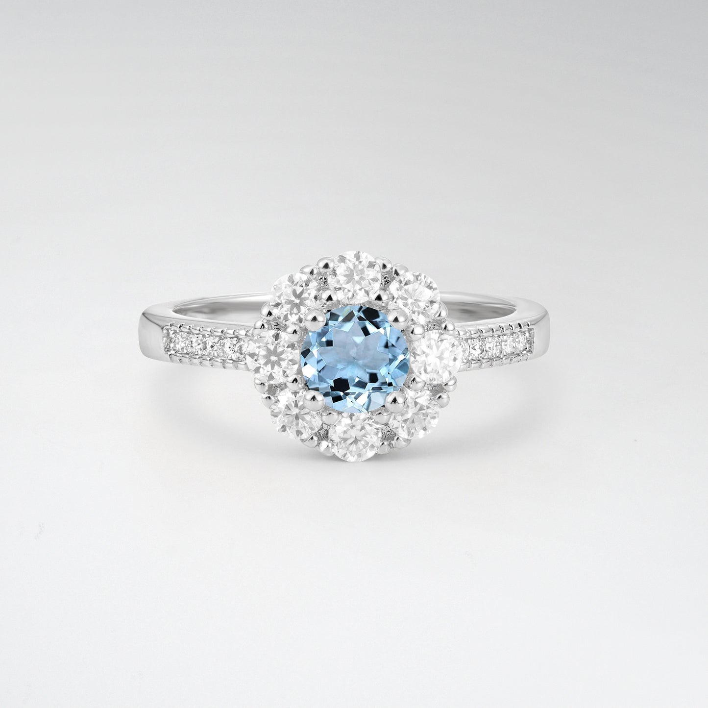 Vintage Round Cut Aquamarine Floral Cluster Milgrain Engagement Ring - Additional view