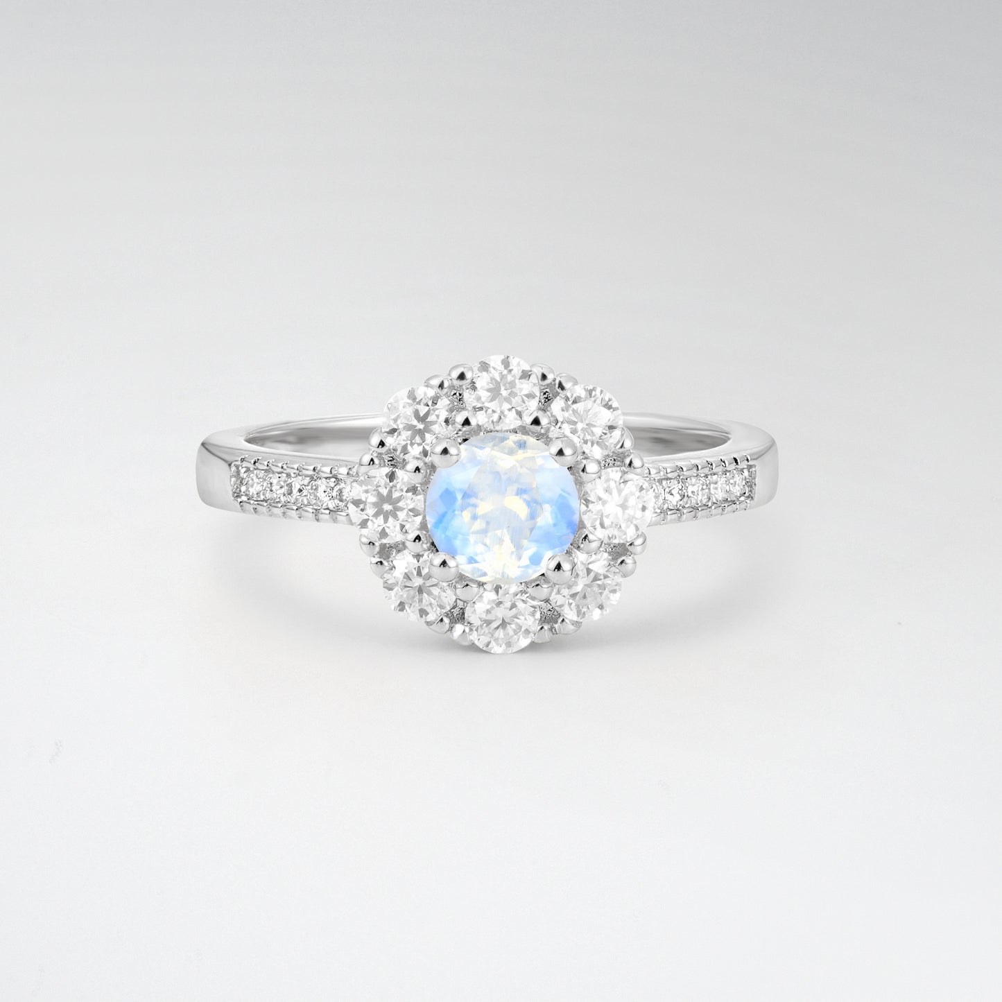 Vintage Round Cut Moonstone Floral Cluster Milgrain Engagement Ring - Additional view