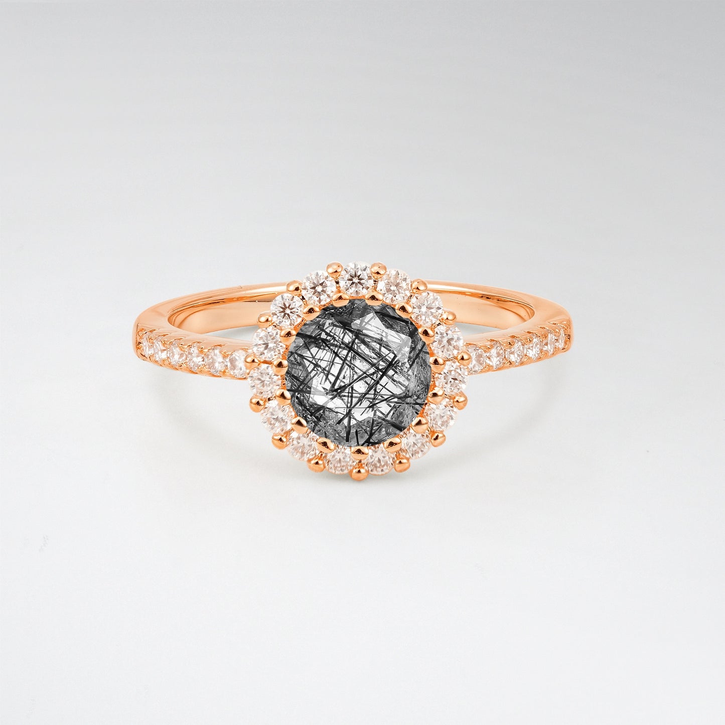Classic Round Cut Black Rutilated Quartz 1.5CT Halo Pave Band Engagement Ring - Additional view