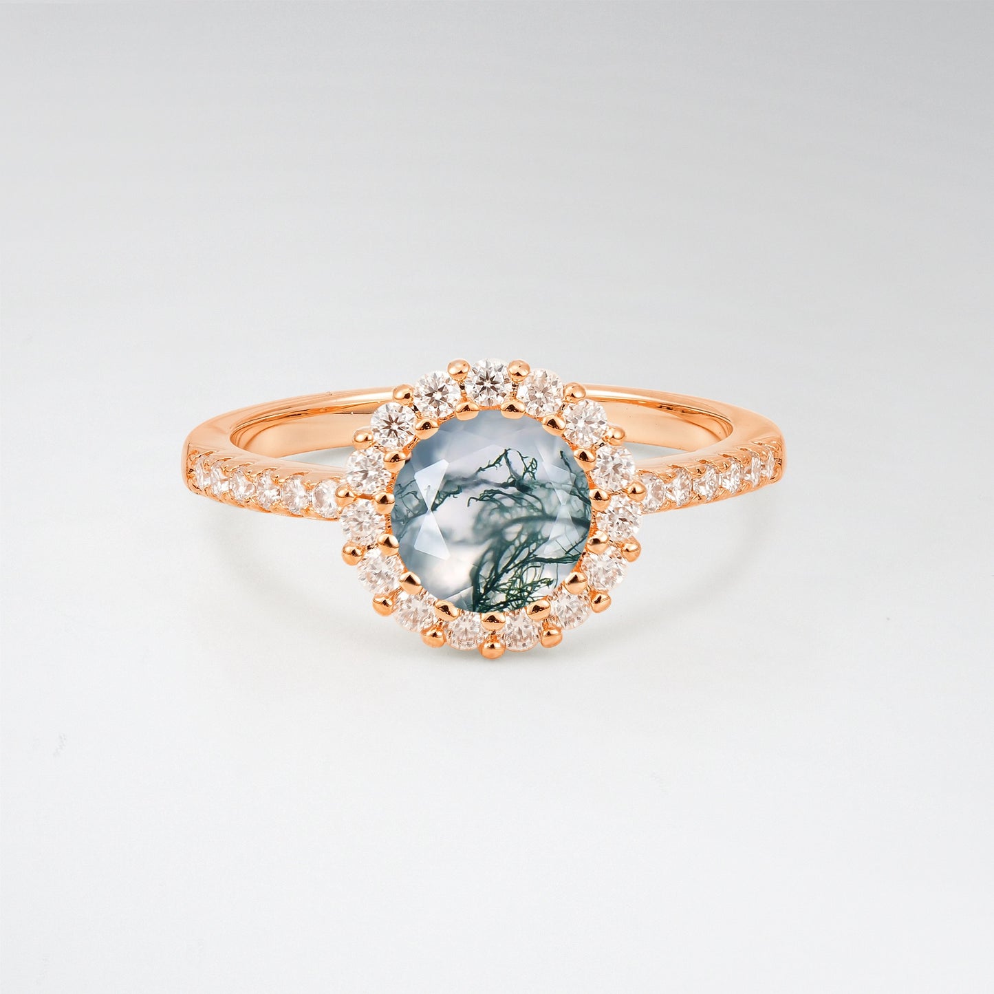 Classic Round Cut Moss Agate 1.5CT Halo Pave Band Engagement Ring - Additional view