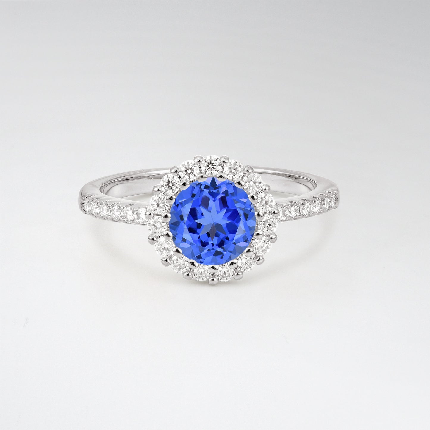 Classic Round Cut Sapphire 1.5CT Halo Pave Band Engagement Ring - Additional view