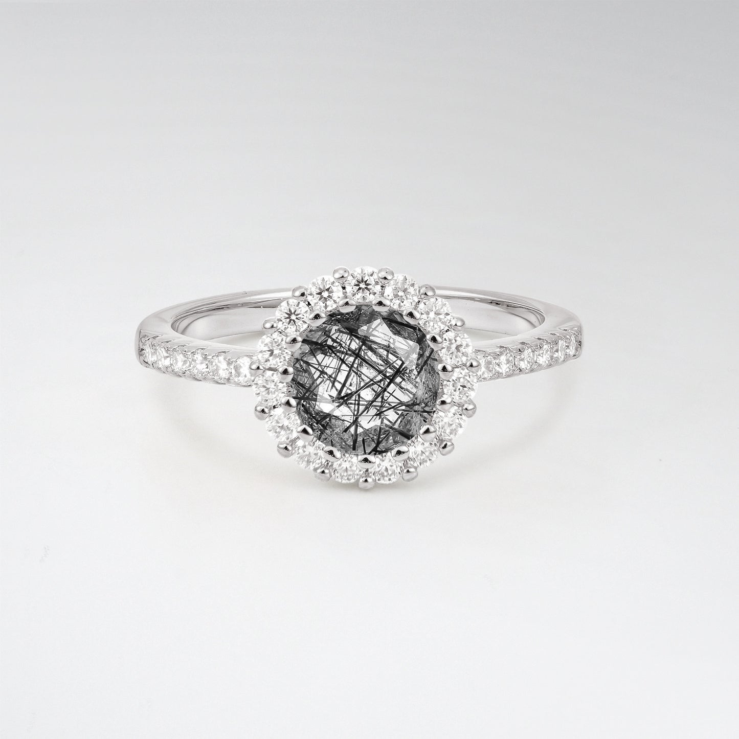 Classic Round Cut Black Rutilated Quartz 1.5CT Halo Pave Band Engagement Ring - Additional view
