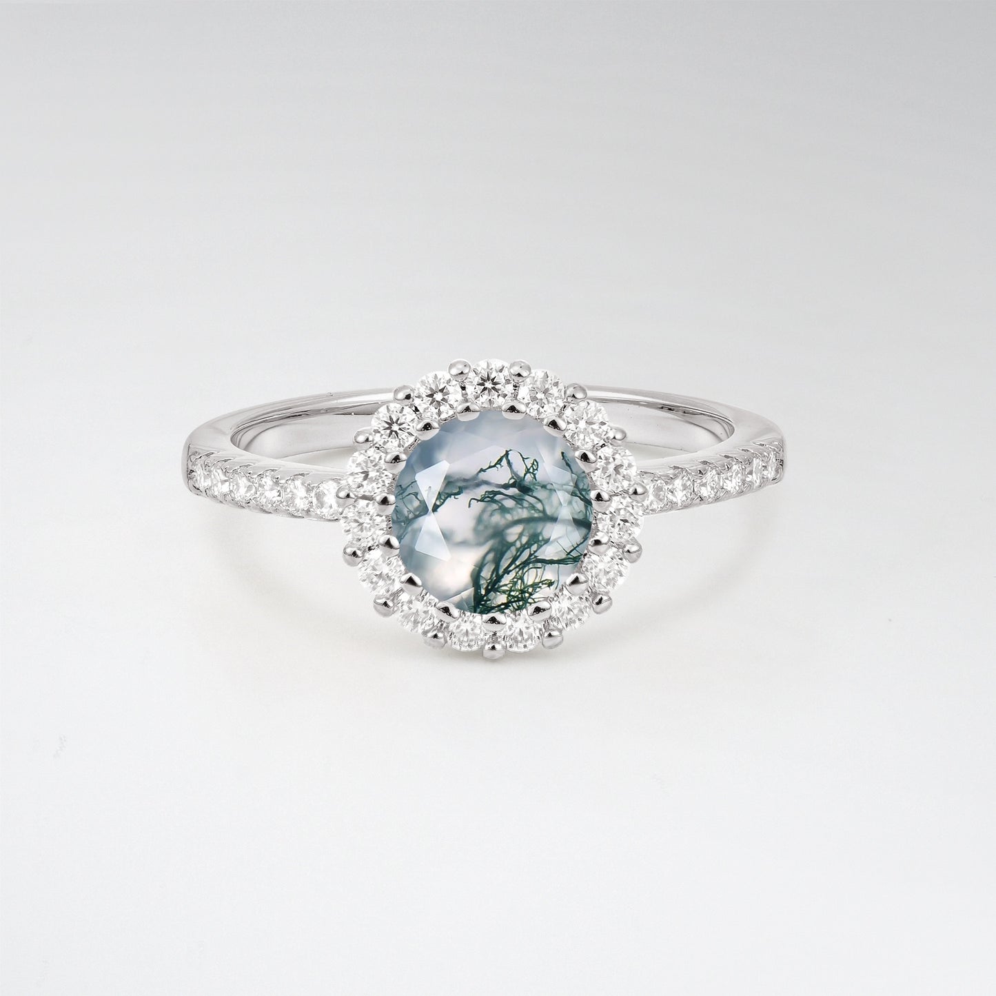 Classic Round Cut Moss Agate 1.5CT Halo Pave Band Engagement Ring - Additional view