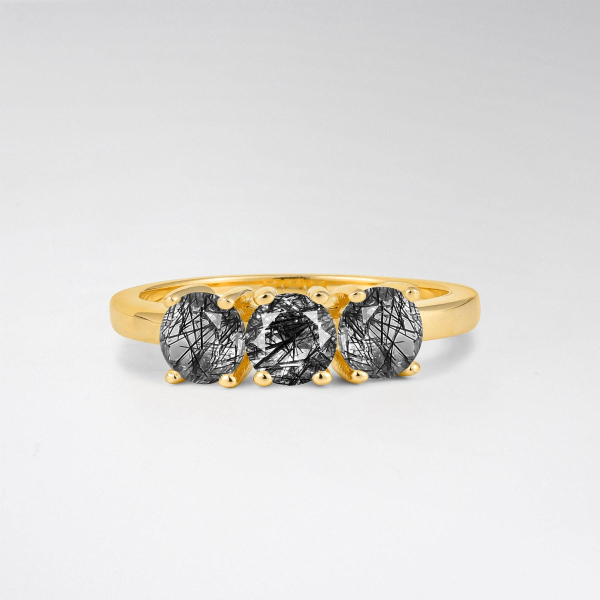 Vintage Round Cut Three Stone Black Rutilated Quartz Engagement Rin - Additional view