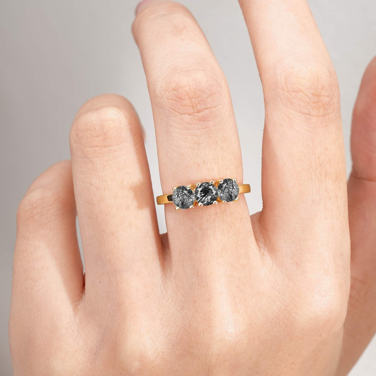 Vintage Round Cut Three Stone Black Rutilated Quartz Engagement Rin - Additional view