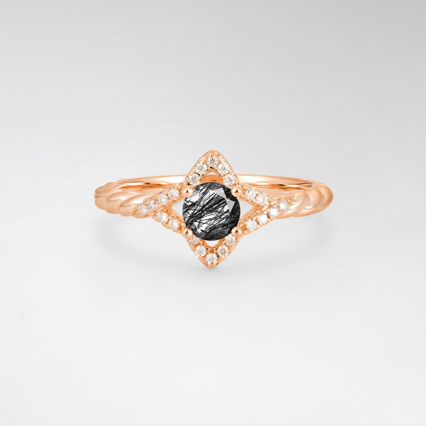 Vintage Round Cut Black Rutilated Quartz Halo Twisted Band Engagement Ring - Additional view
