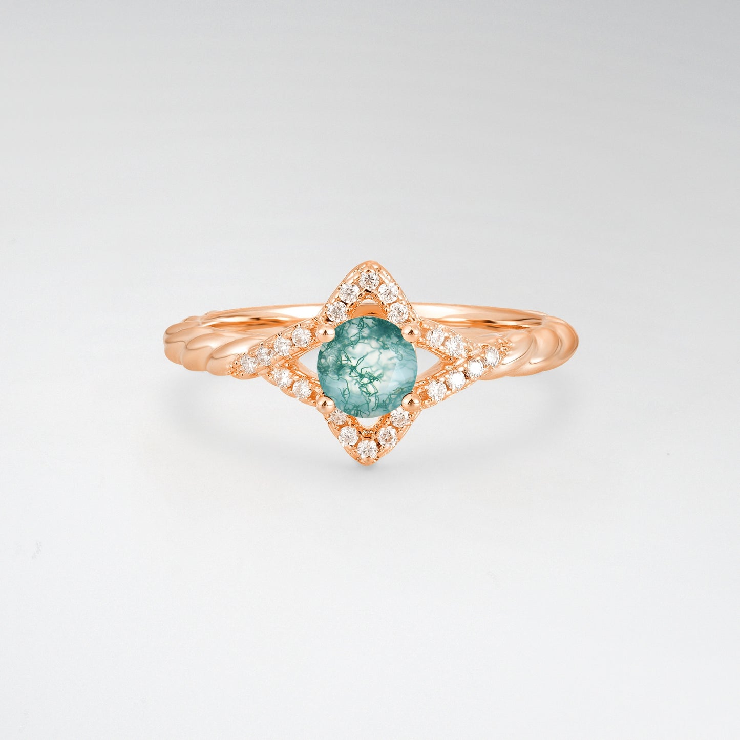 Vintage Round Cut Moss Agate Halo Twisted Band Engagement Ring - Additional view