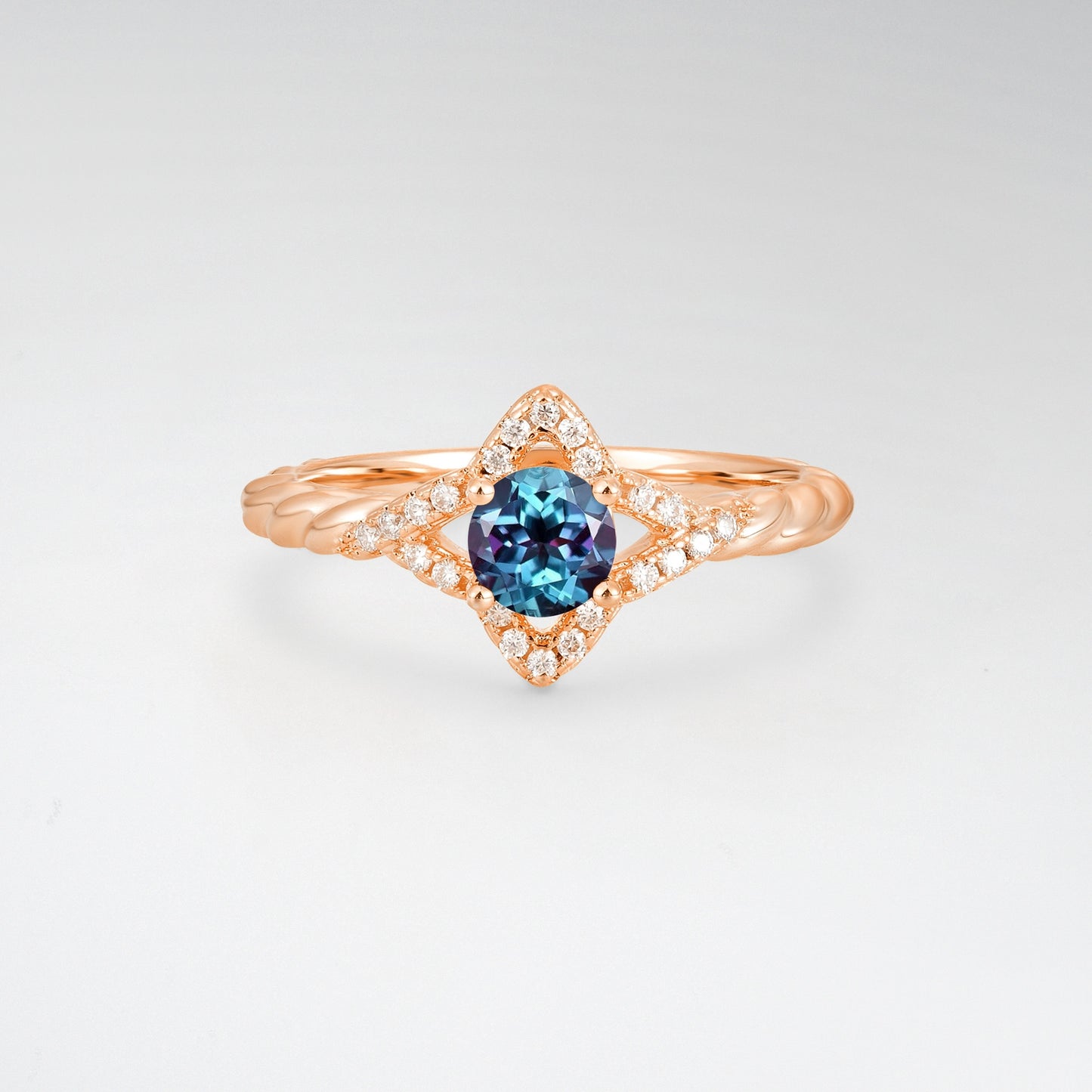 Vintage Round Cut Alexandrite Halo Twisted Band Engagement Ring - Additional view