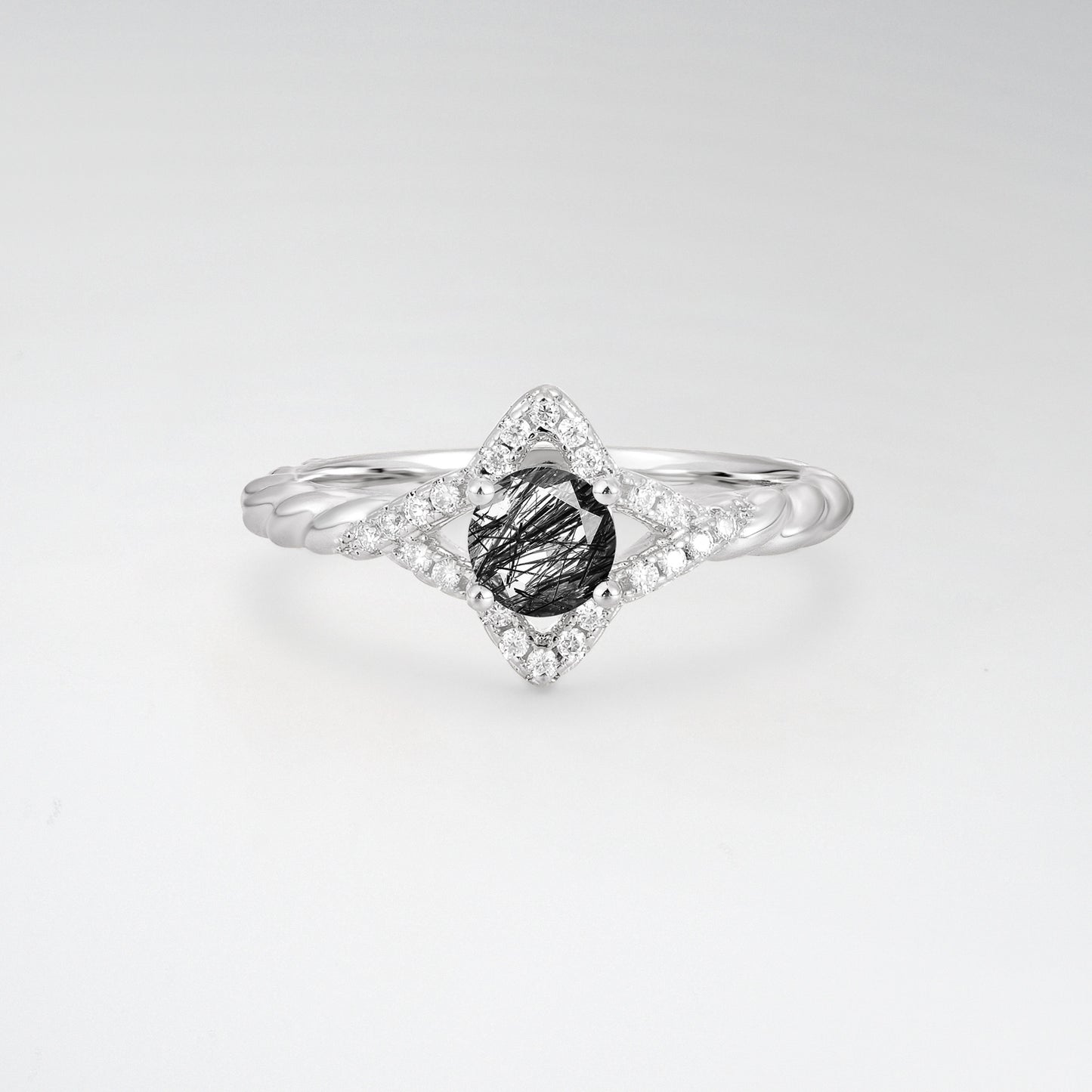 Vintage Round Cut Black Rutilated Quartz Halo Twisted Band Engagement Ring - Additional view