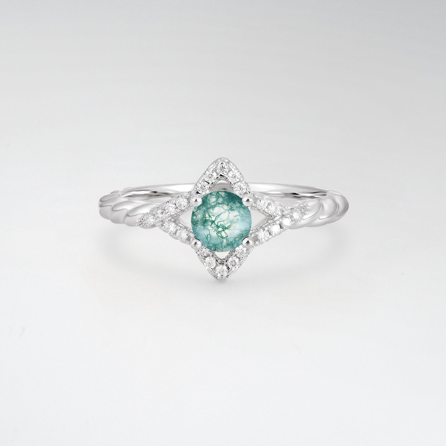 Vintage Round Cut Moss Agate Halo Twisted Band Engagement Ring - Additional view