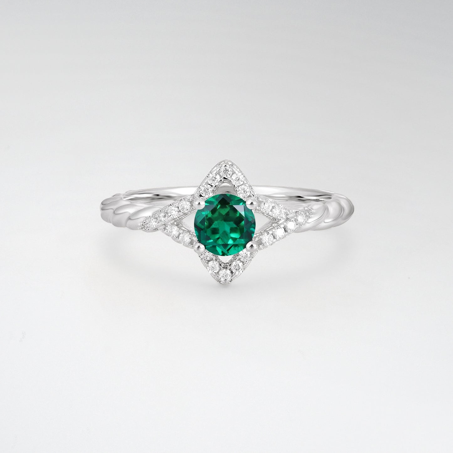 Vintage Round Cut Emerald Halo Twisted Band Engagement Ring - Additional view