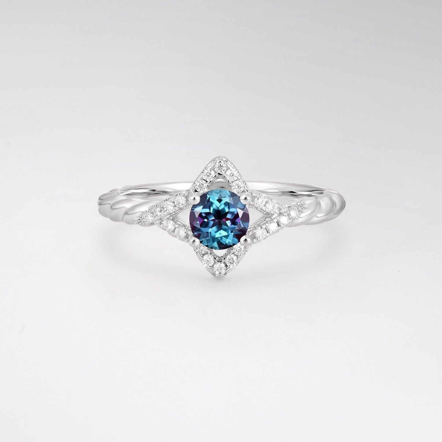 Vintage Round Cut Alexandrite Halo Twisted Band Engagement Ring - Additional view