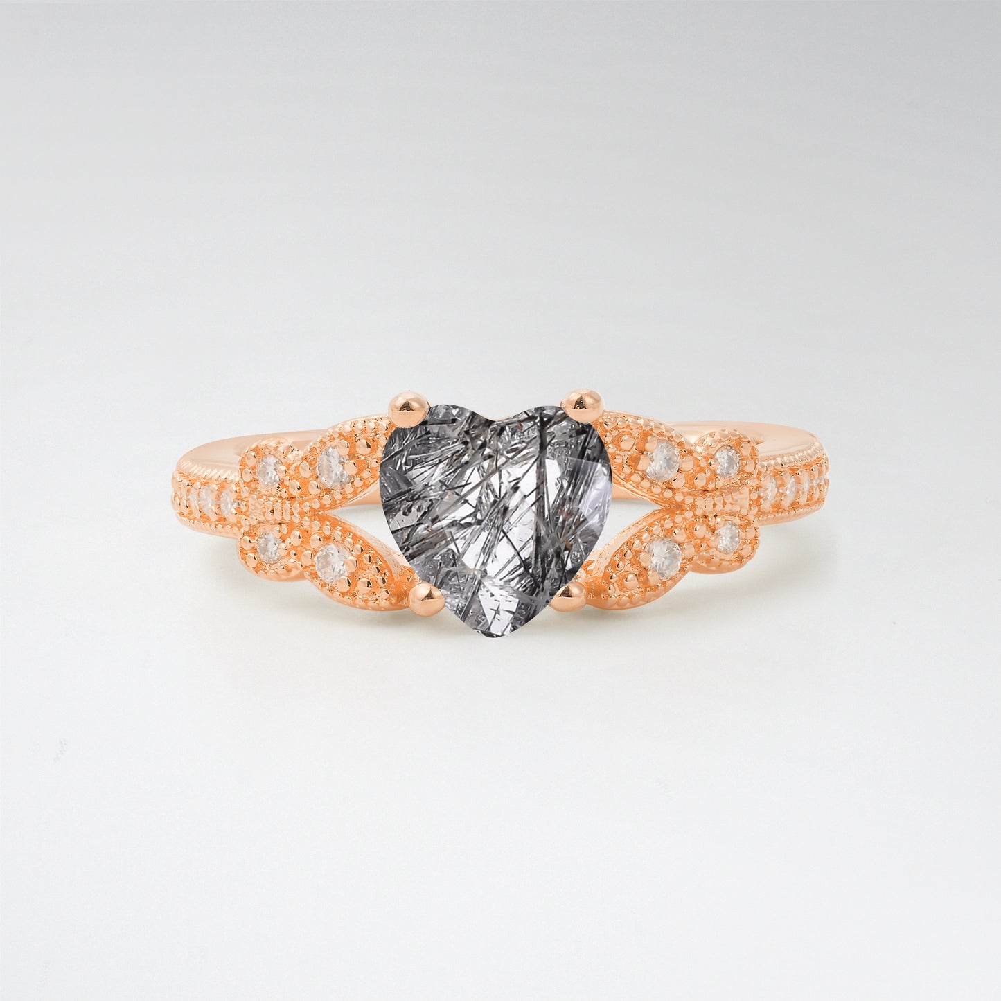 Romantic Heart Cut Black Rutilated Quartz 1.5CT Butterfly Milgrain Engagement Ring - Additional view