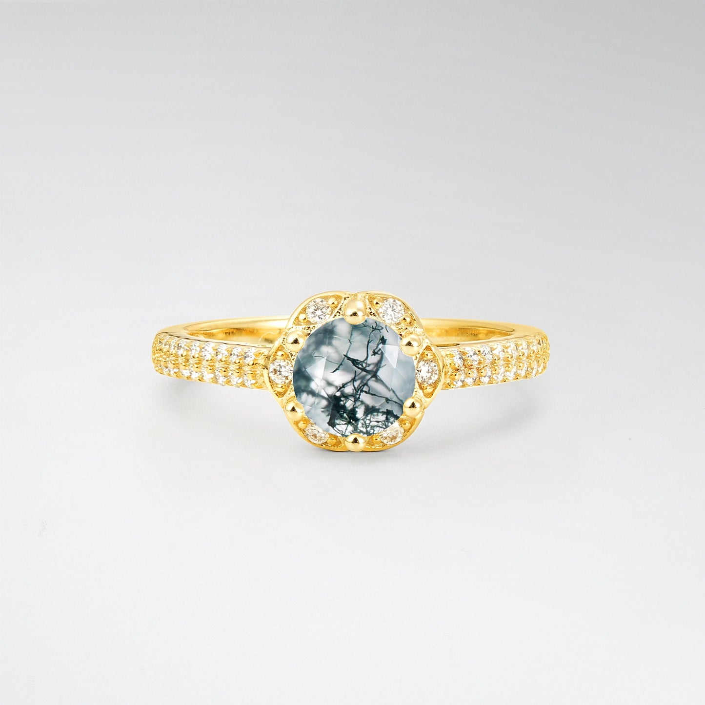 Vintage Round Cut Moss Agate Floral Halo Pave Engagement Ring - Additional view