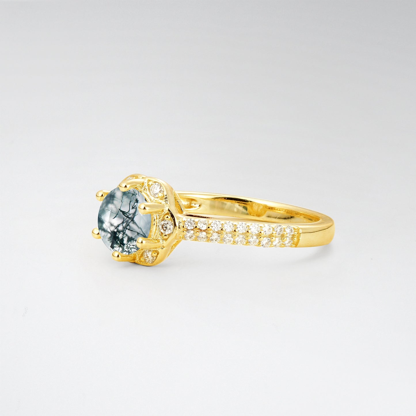 Vintage Round Cut Moss Agate Floral Halo Pave Engagement Ring - Additional view