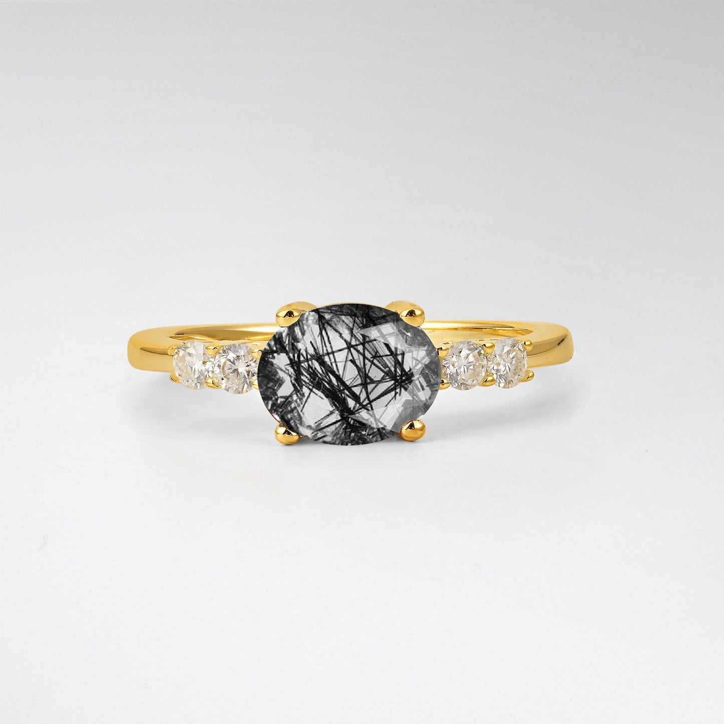 Oval Cut Black Rutilated Quartz Engagement Ring with Side Stones - Additional view