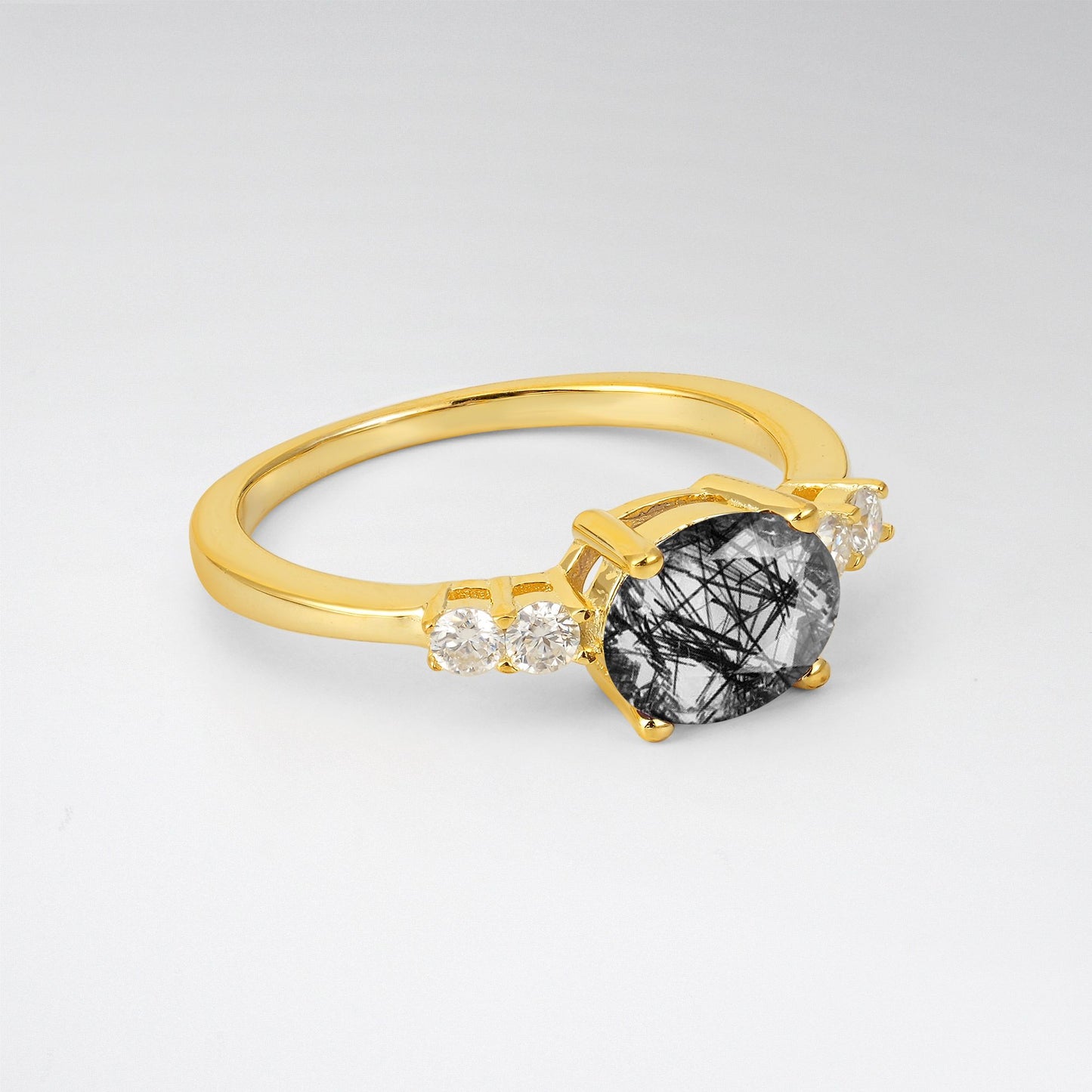 Oval Cut Black Rutilated Quartz Engagement Ring with Side Stones - Additional view