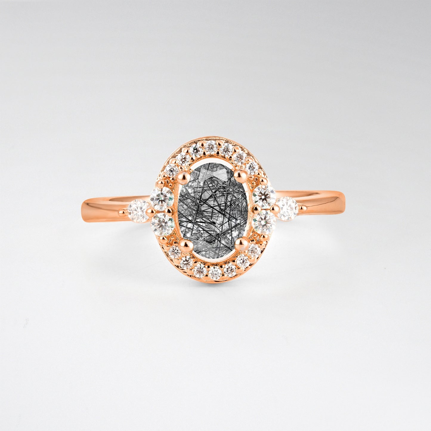 Oval Cut Black Rutilated Quartz Engagement Ring with Halo Setting - Additional view