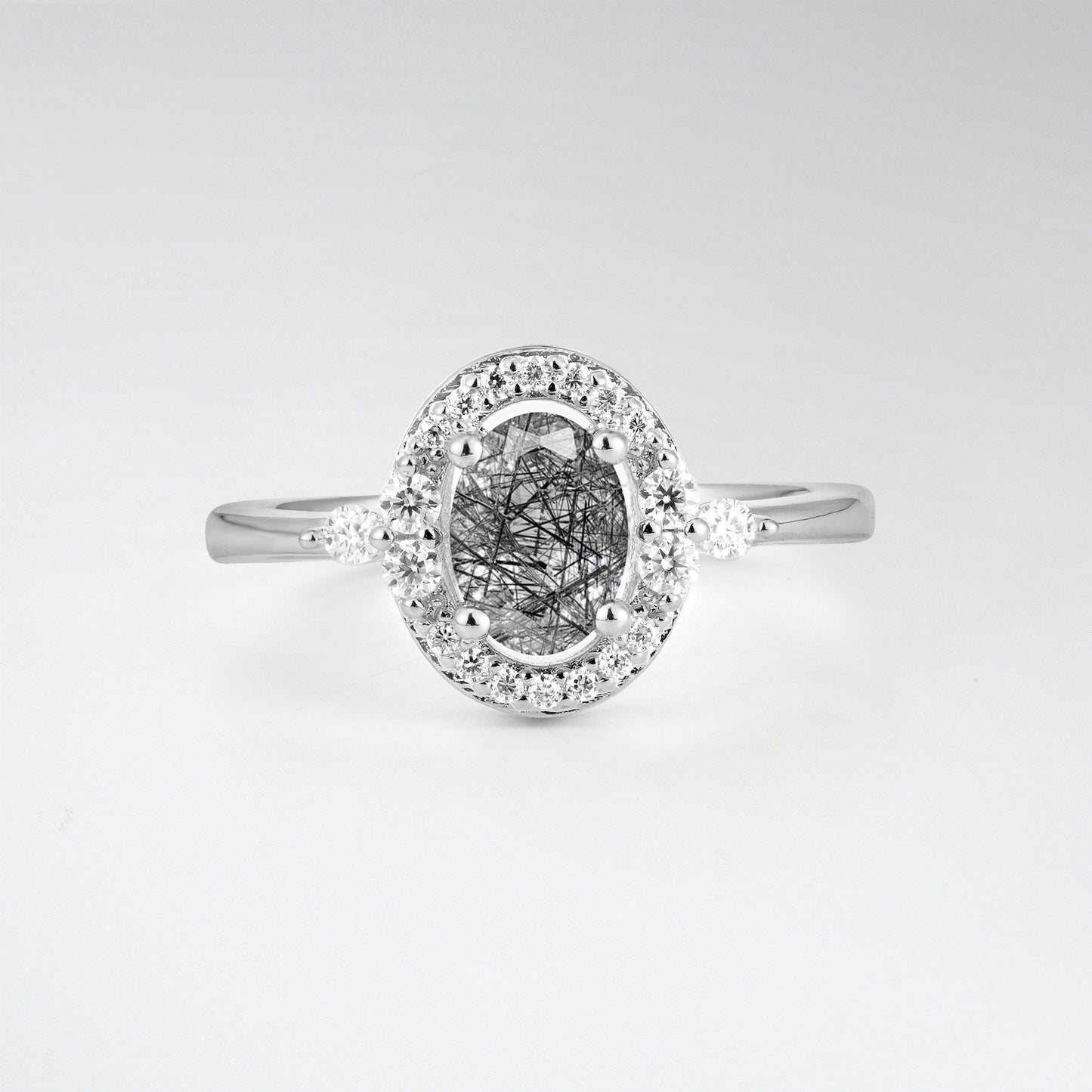 Oval Cut Black Rutilated Quartz Engagement Ring with Halo Setting - Additional view