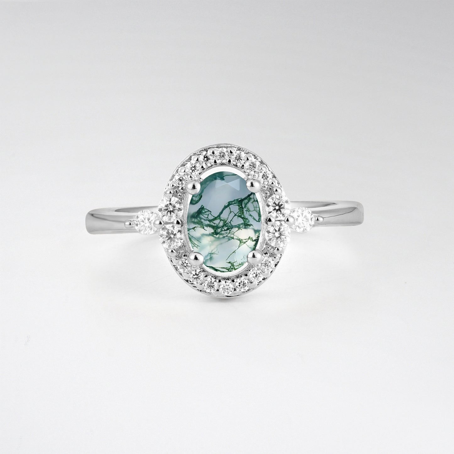 Oval Cut Moss Agate Engagement Ring with Halo Setting - Additional view