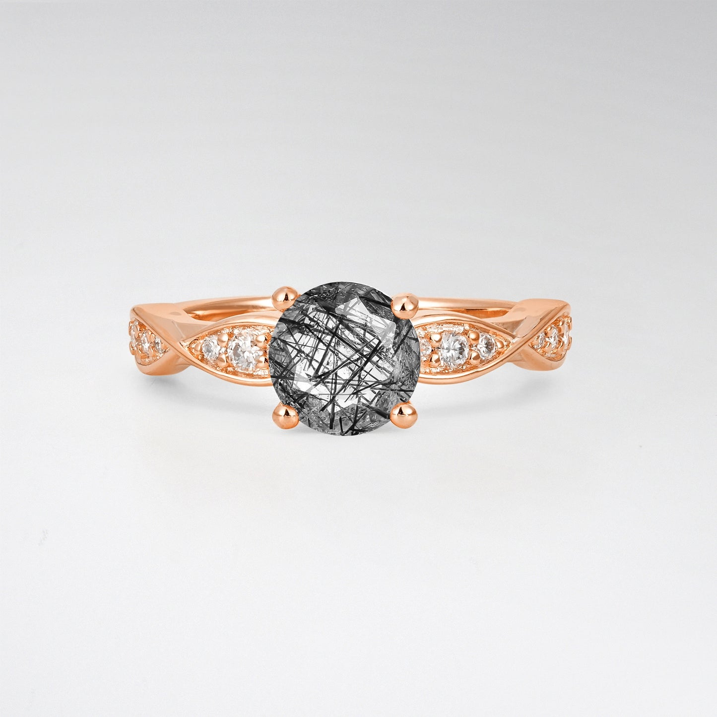 Infinity Twist Round Cut Black Rutilated Quartz Engagement Ring for Wedding - Additional view