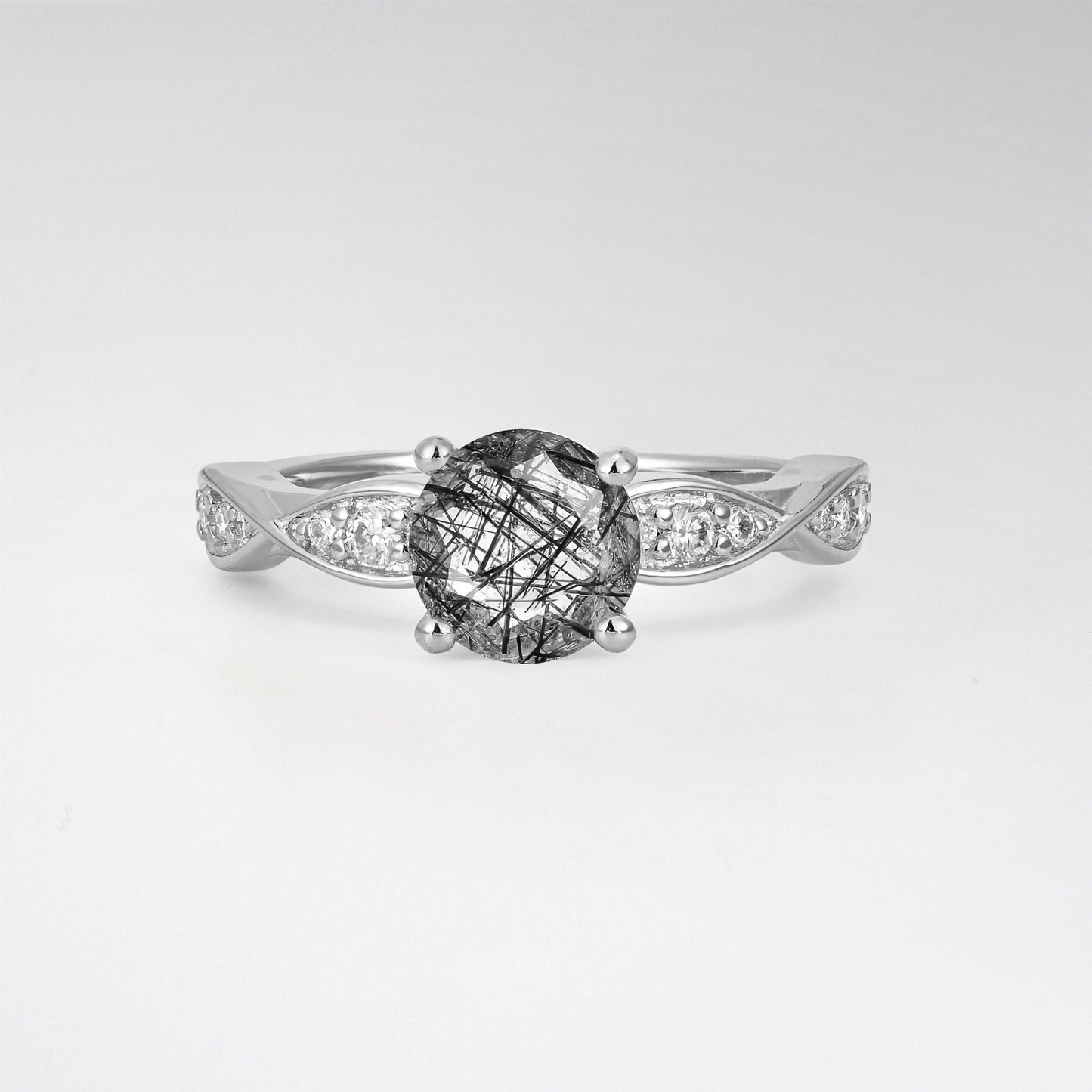 Infinity Twist Round Cut Black Rutilated Quartz Engagement Ring for Wedding - Additional view