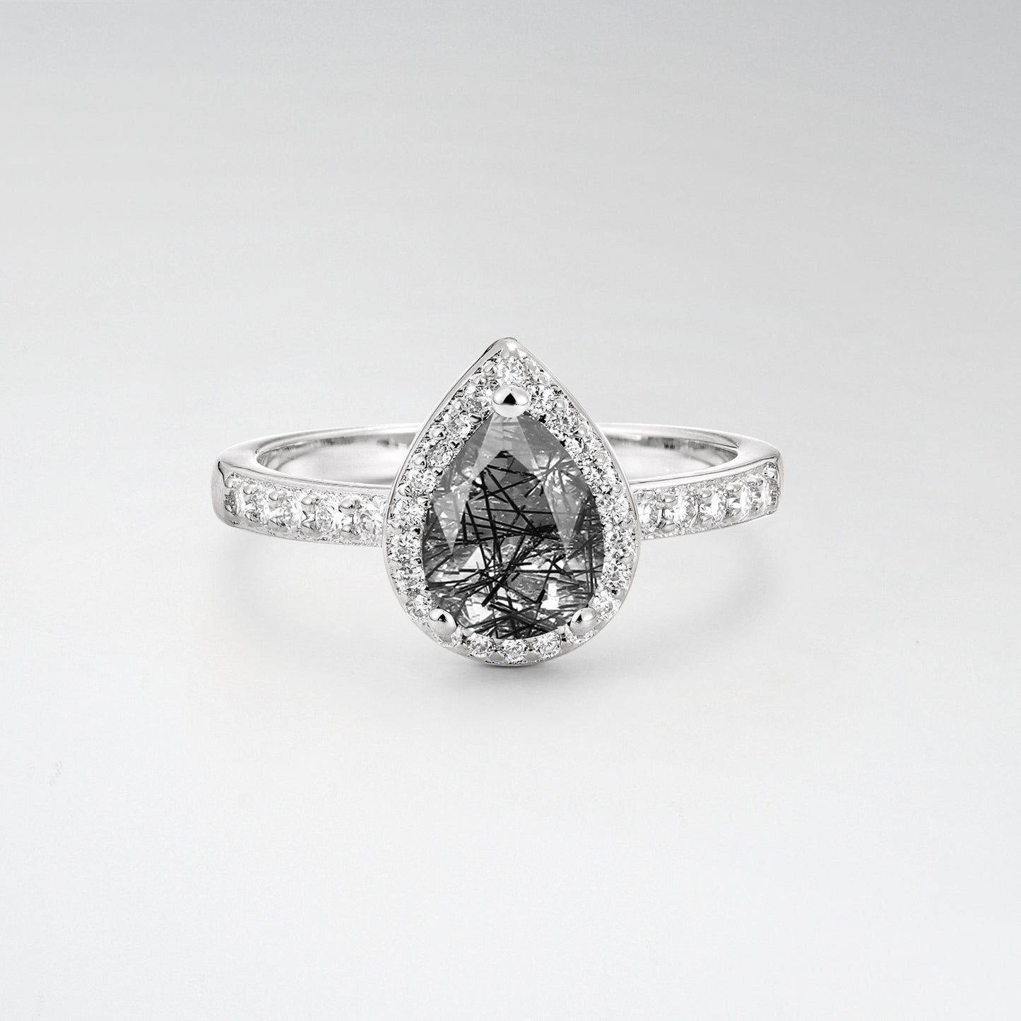 Pear Cut Black Rutilated Quartz Halo Engagement Ring for Proposal - Additional view