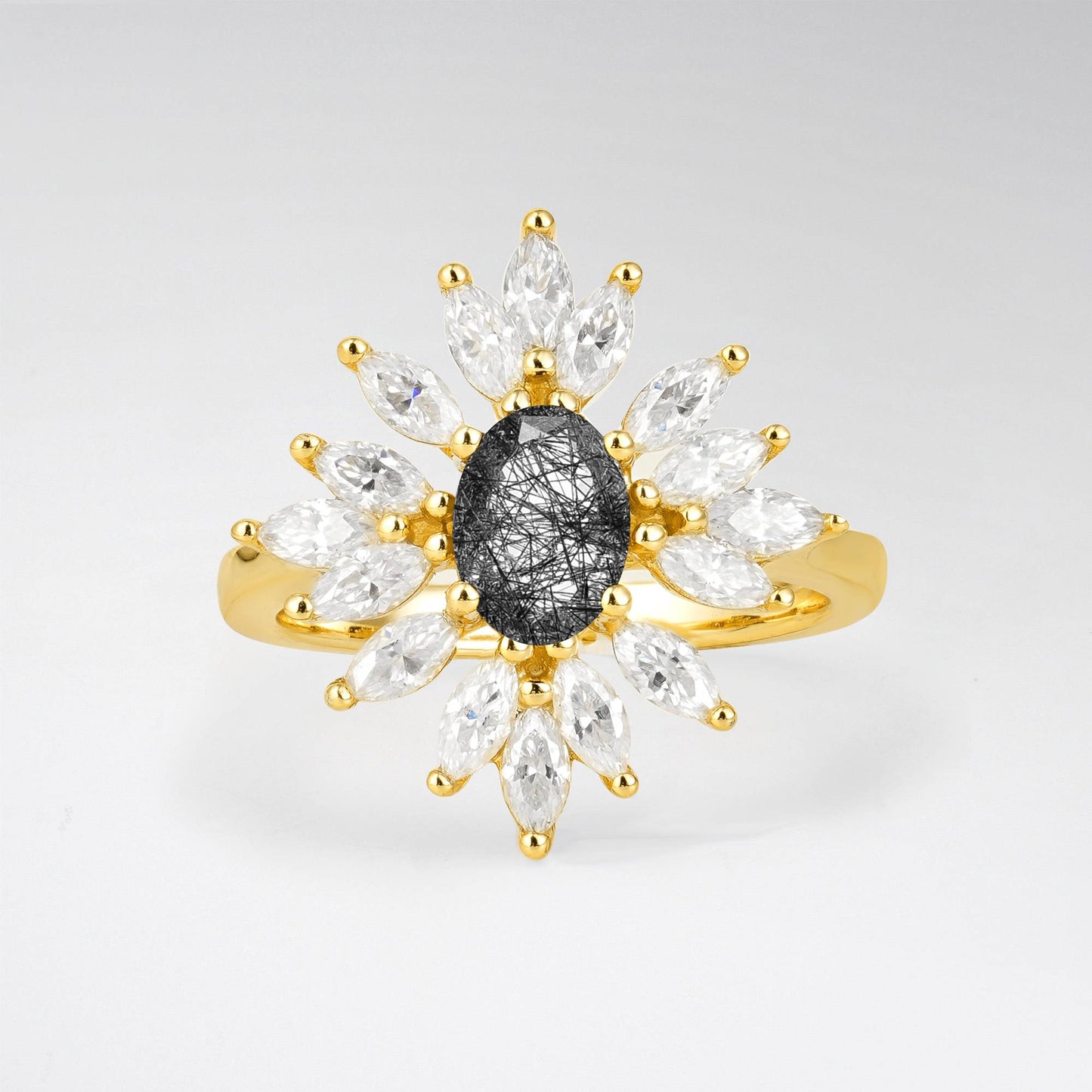 Oval Cut Black Rutilated Quartz Marquise Halo Engagement Ring - Additional view
