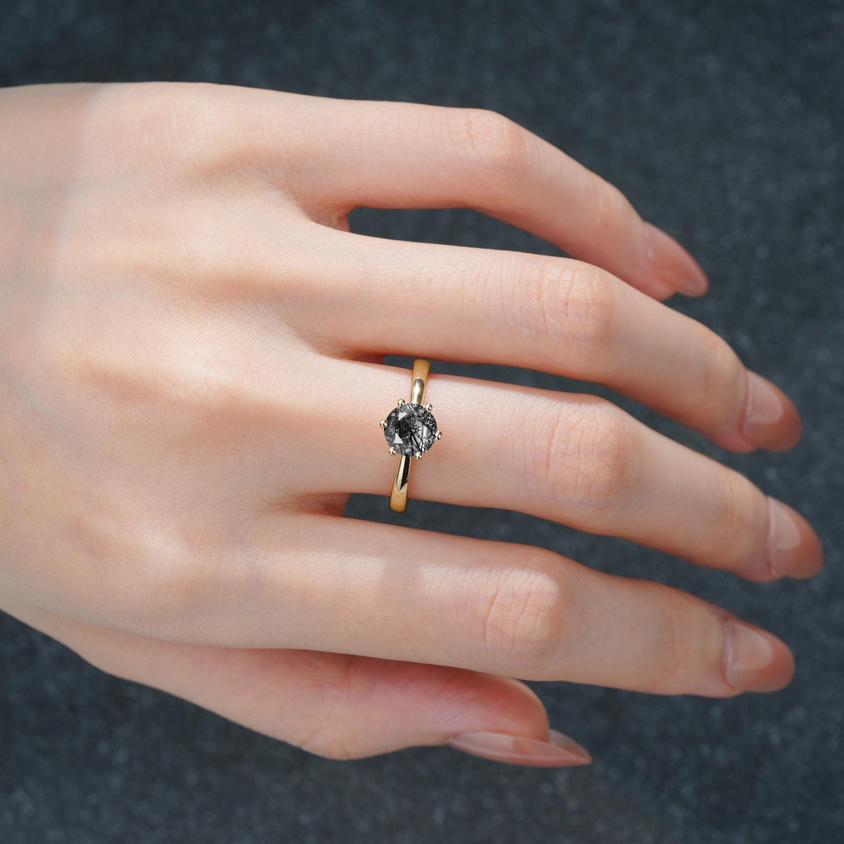 Classic Six Prong Black Rutilated Quartz Solitaire Engagement Ring - Additional view