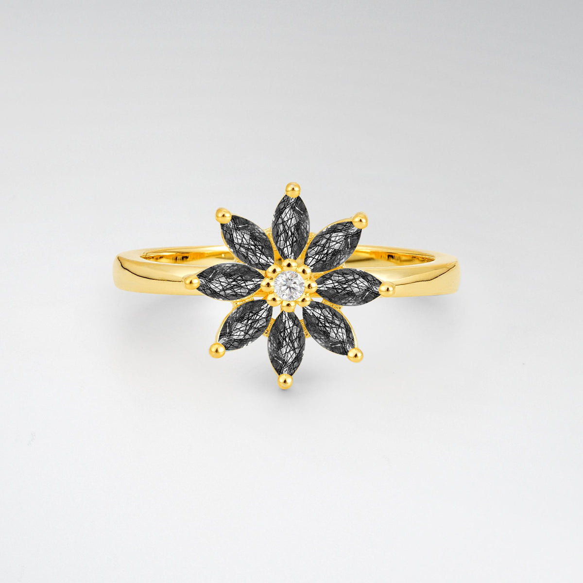 Floral Marquise Black Rutilated Quartz Cluster Promise Ring - Additional view