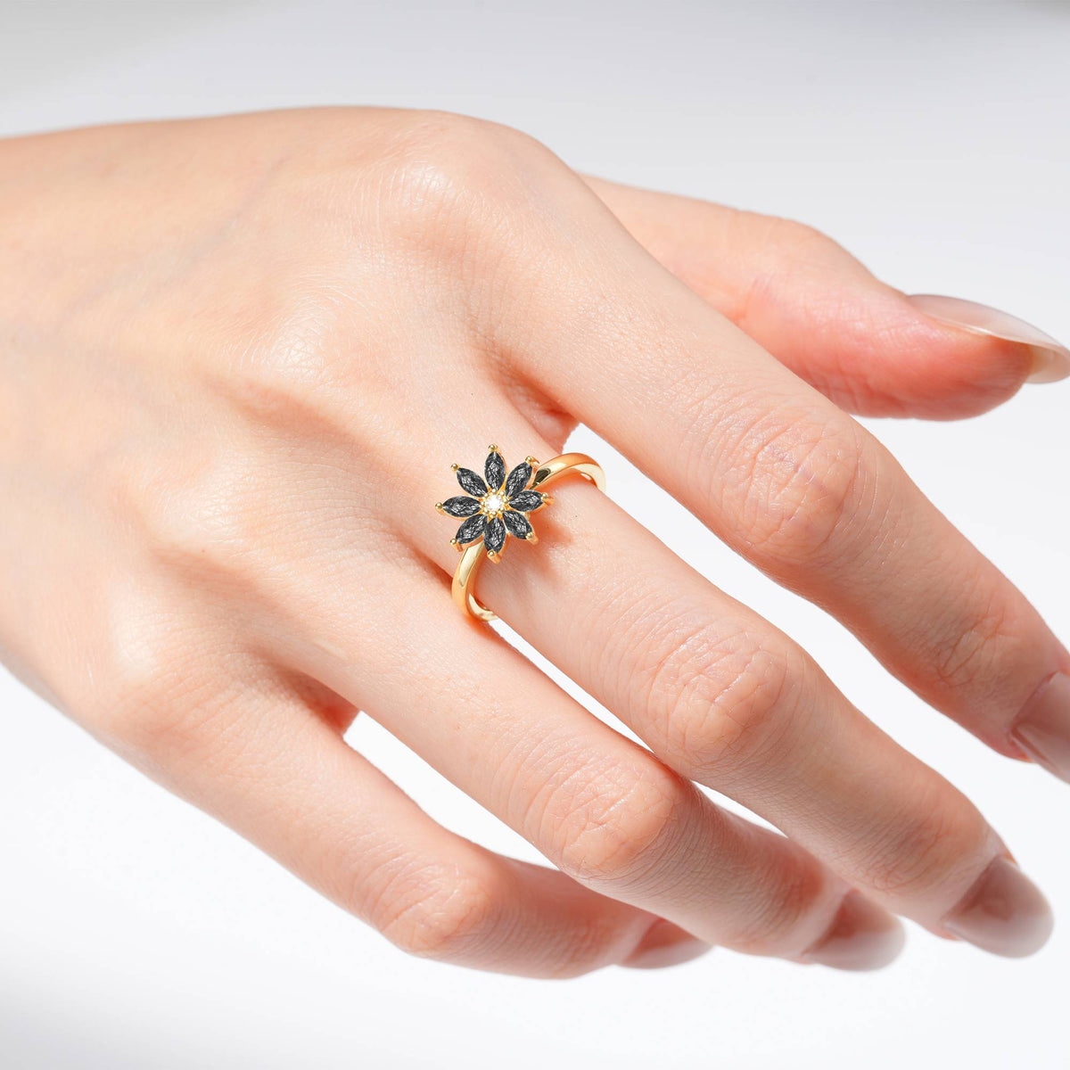 Floral Marquise Black Rutilated Quartz Cluster Promise Ring - Additional view