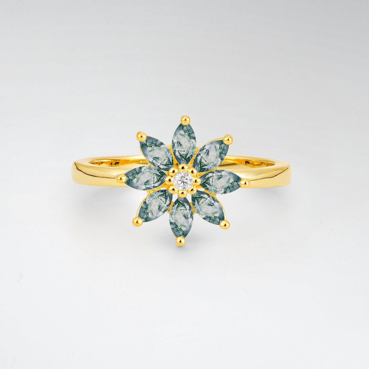 Floral Marquise Moss Agate Cluster Promise Ring - Additional view