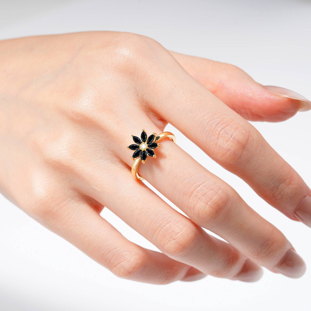 Floral Marquise Black Onyx Cluster Promise Ring - Additional view