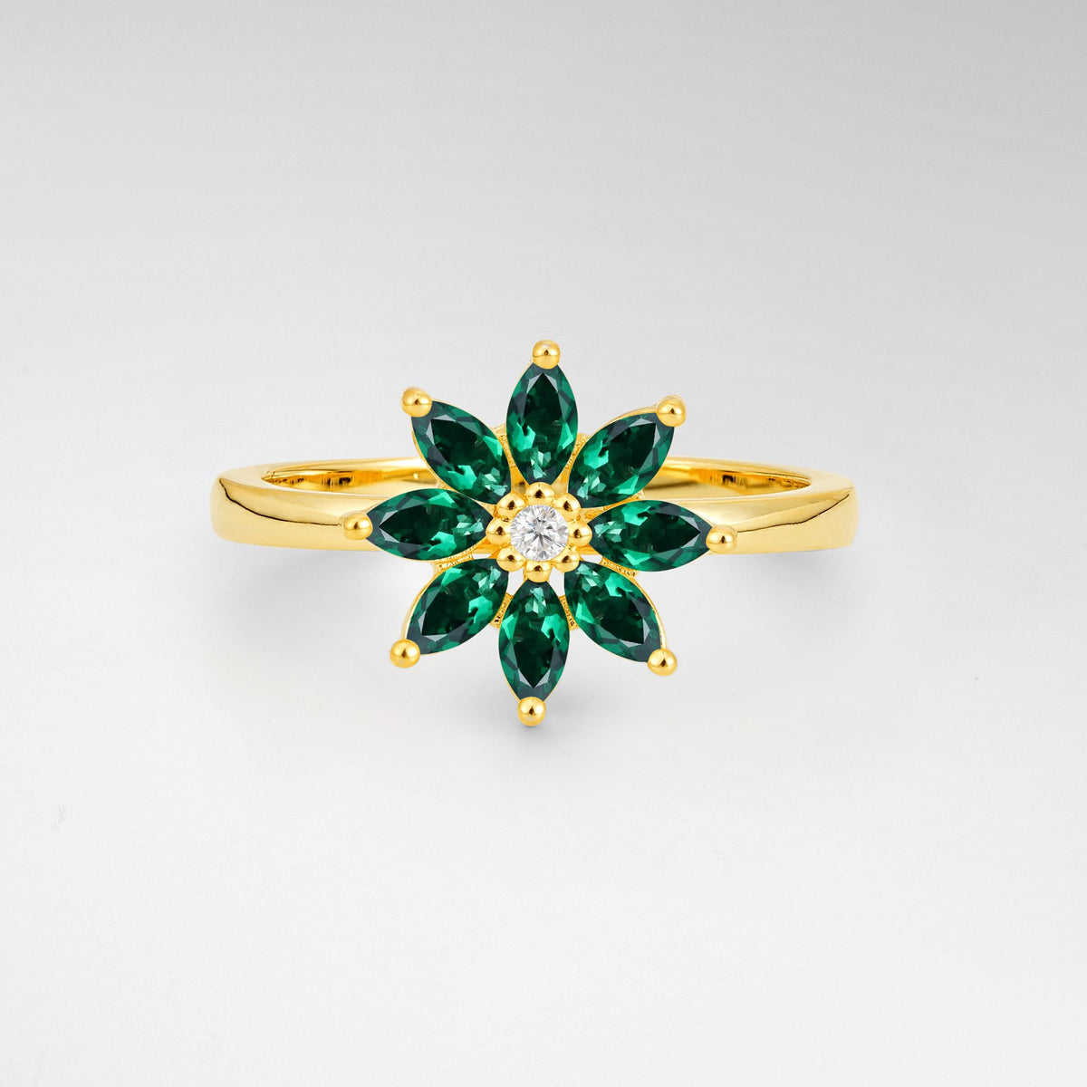 Floral Marquise Emerald Cluster Promise Ring - Additional view
