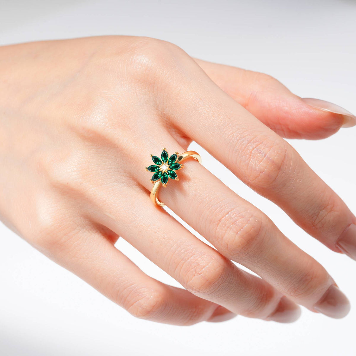 Floral Marquise Emerald Cluster Promise Ring - Additional view