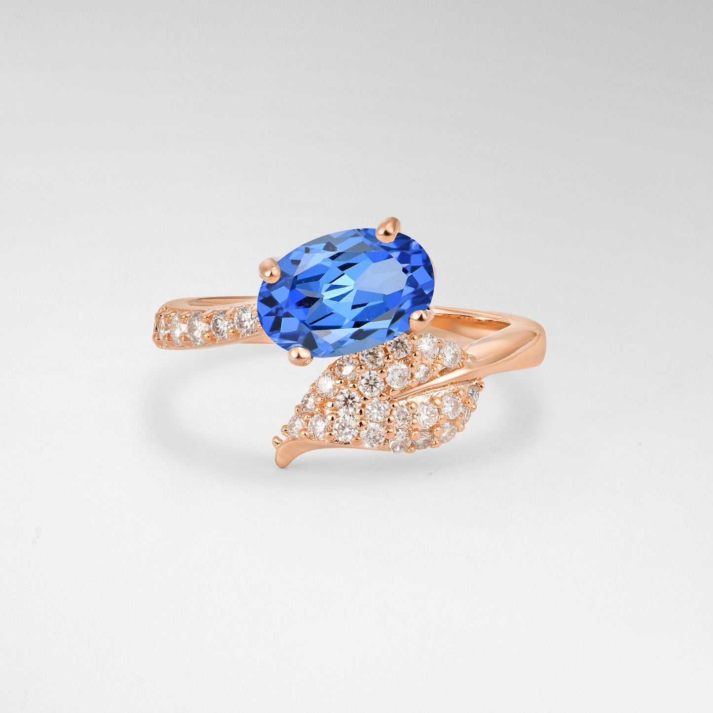 Nature-Inspired Oval Cut Sapphire 1.5CT Pave Leaf Bypass Engagement Ring - Additional view