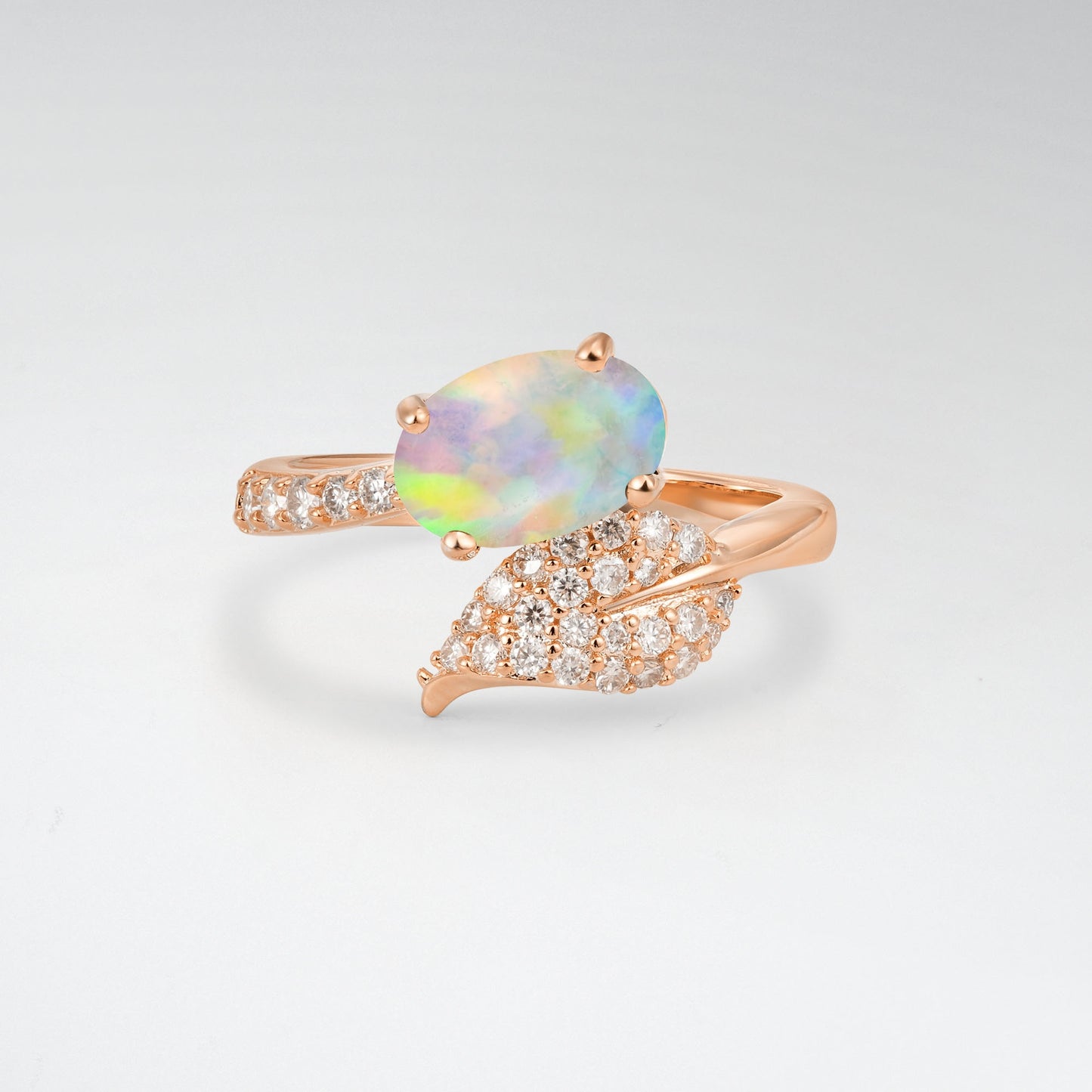 Nature-Inspired Oval Cut Opal 1.5CT Pave Leaf Bypass Engagement Ring - Additional view