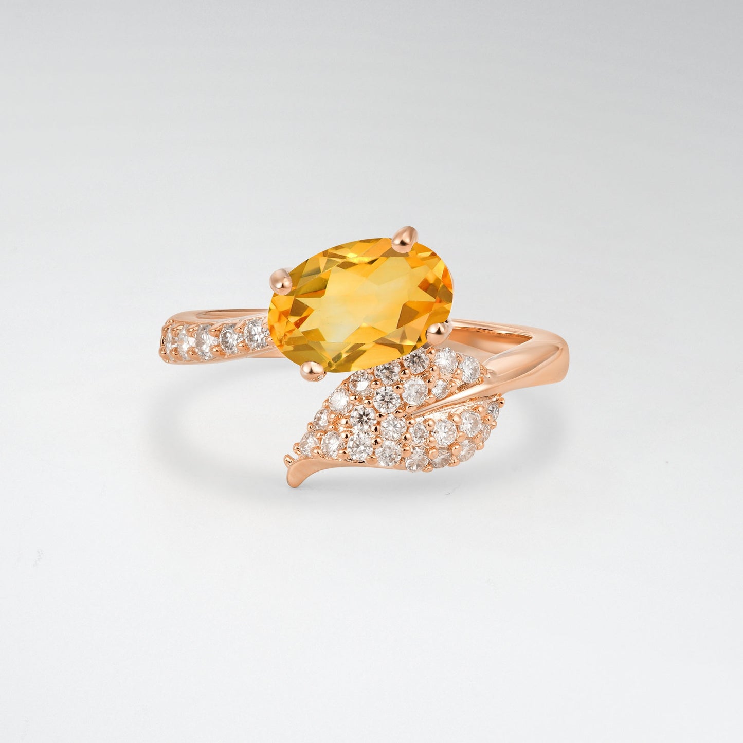 Nature-Inspired Oval Cut Citrine 1.5CT Pave Leaf Bypass Engagement Ring - Additional view