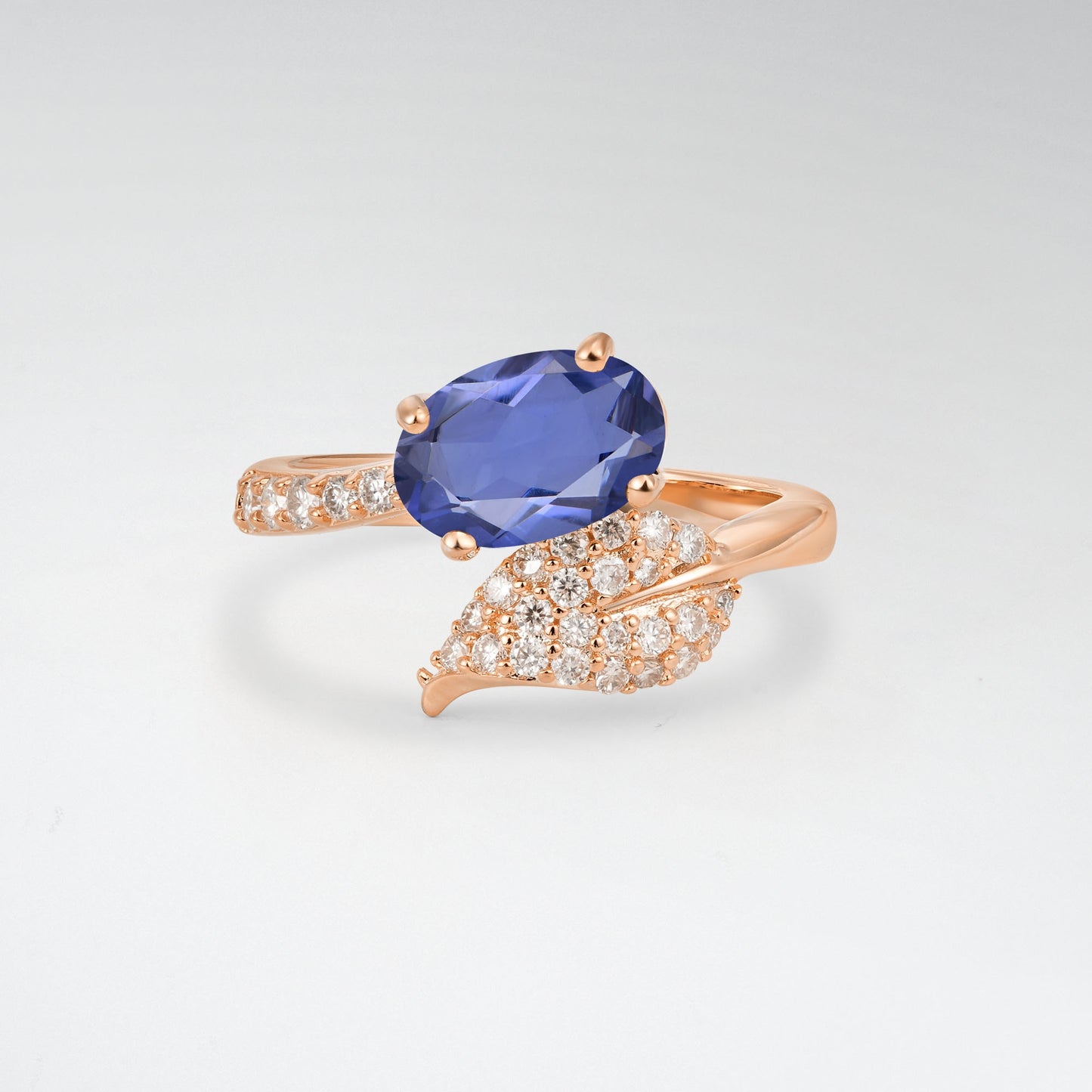 Nature-Inspired Oval Cut Tanzanite 1.5CT Pave Leaf Bypass Engagement Ring - Additional view