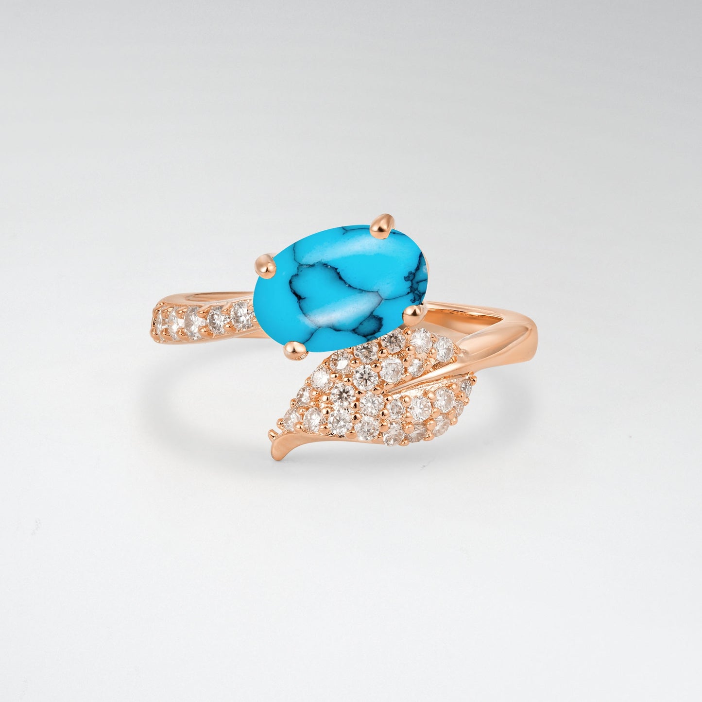 Nature-Inspired Oval Cut Turquoise 1.5CT Pave Leaf Bypass Engagement Ring - Additional view